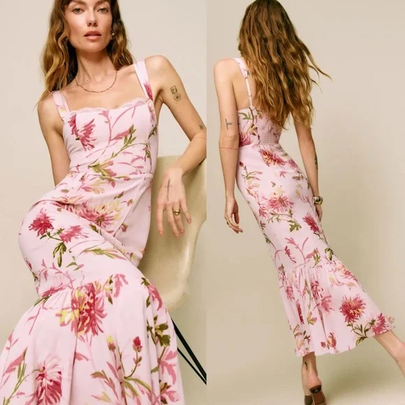 Reformation Irisa Maxi Dress Floral Pink Enchanting Chrysanthemum Floral Pink 6 - Picture 2 of 12